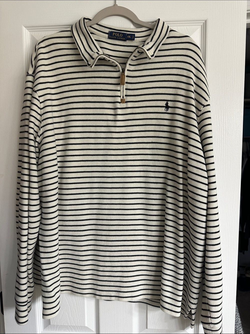 Polo by Ralph Lauren Men’s White & Black Striped Quarter-Zip Pullover